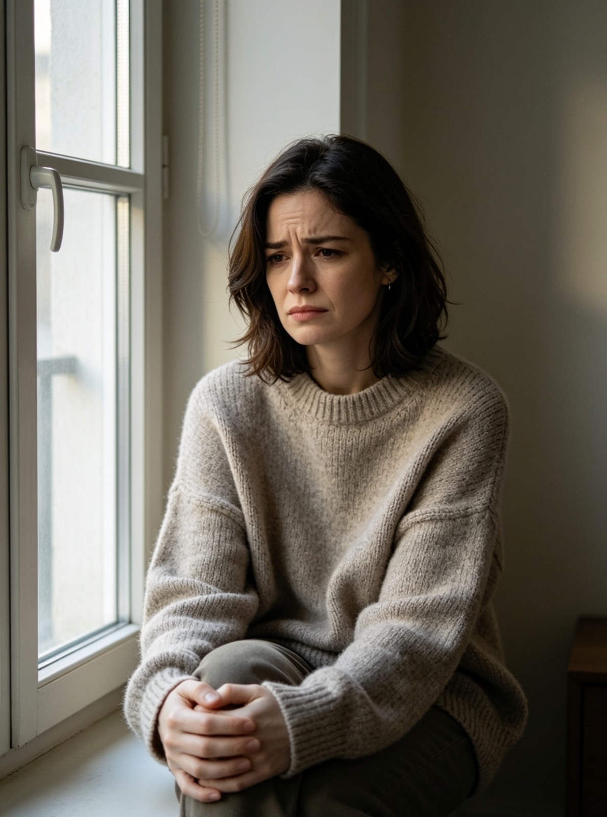 Woman sitting by a window looking anxious
