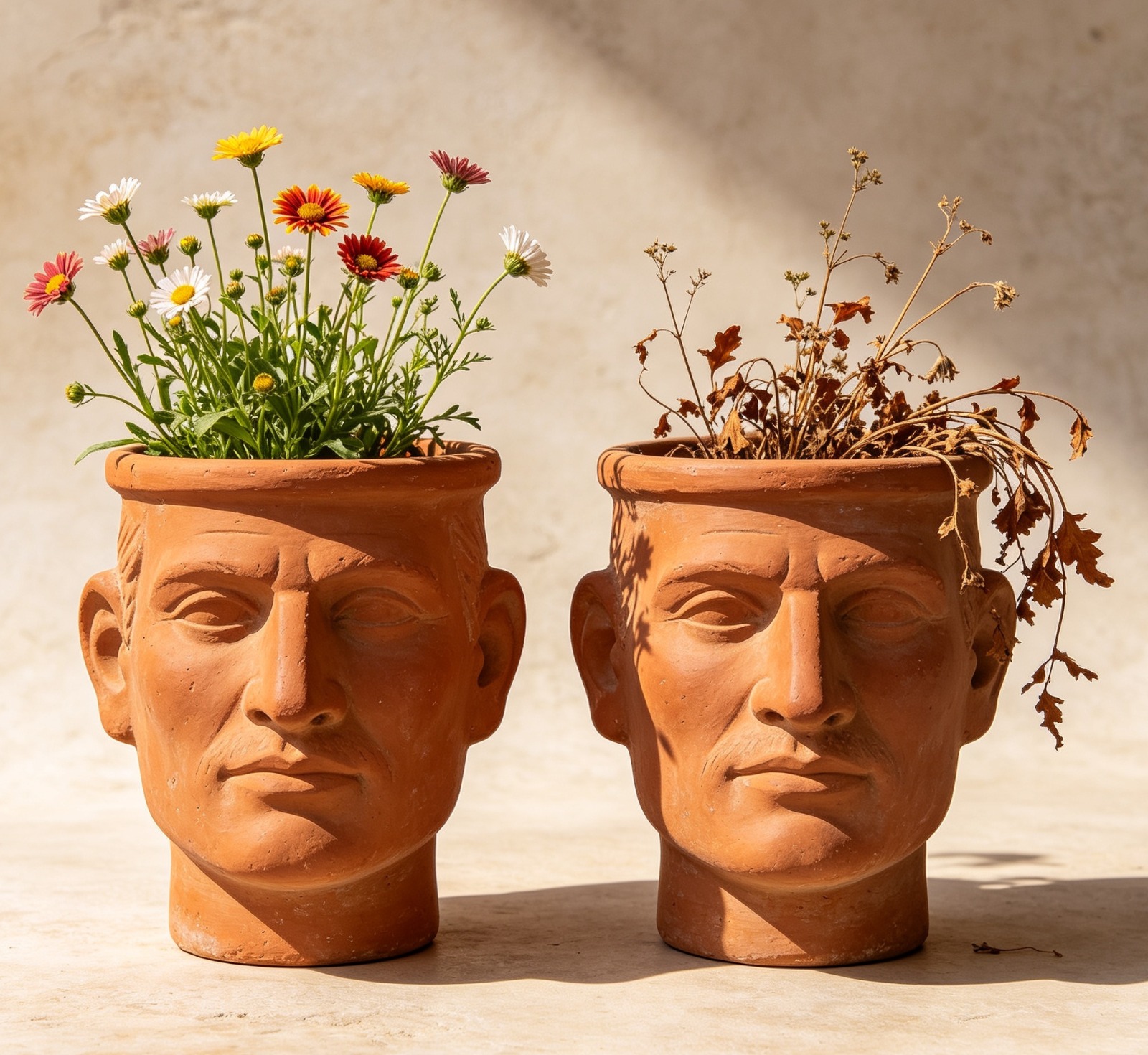 Two terracotta head planters, one filled with vibrant wildflowers and one with withered plants