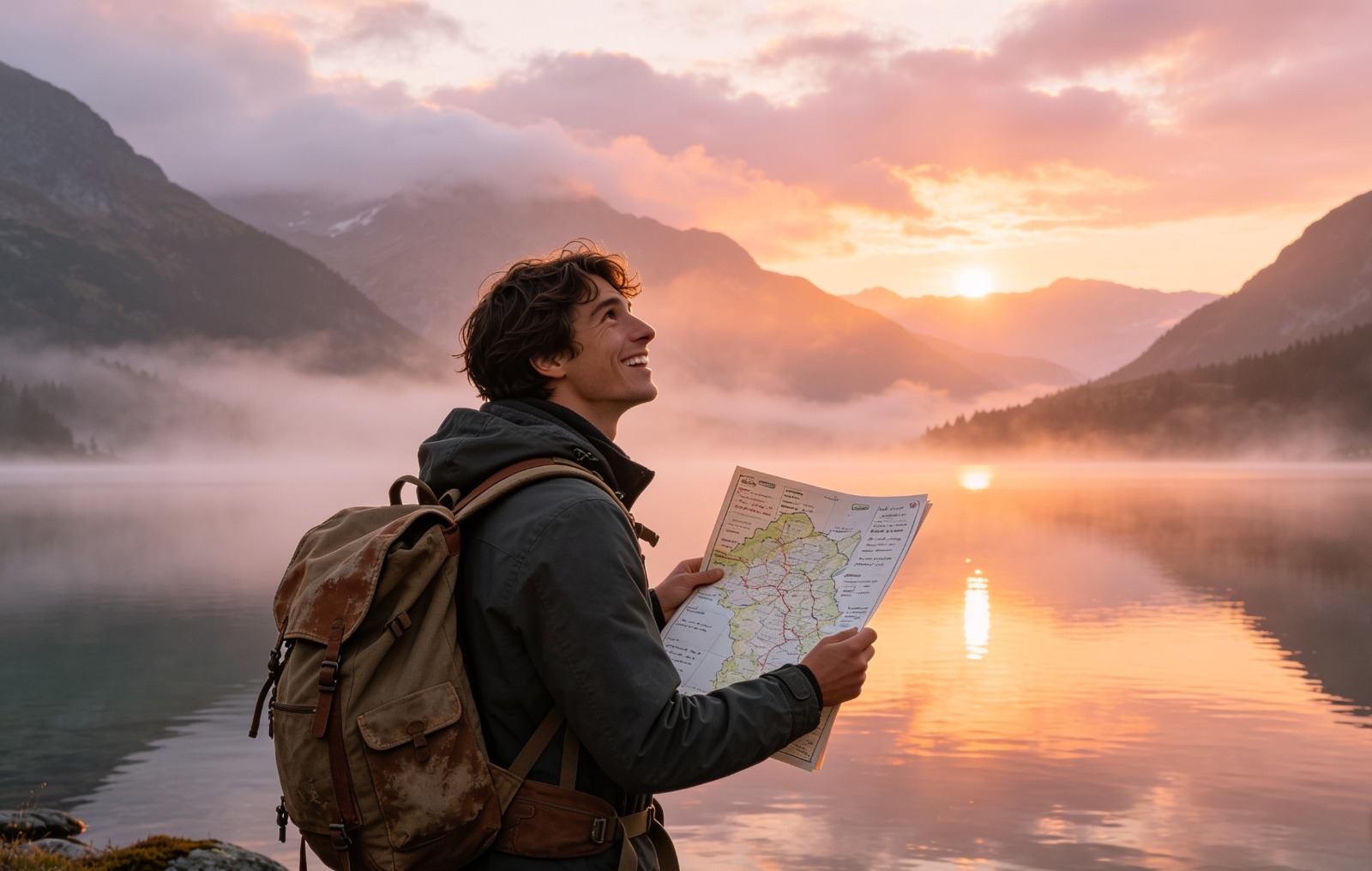 Man with a map against a lit-up sky