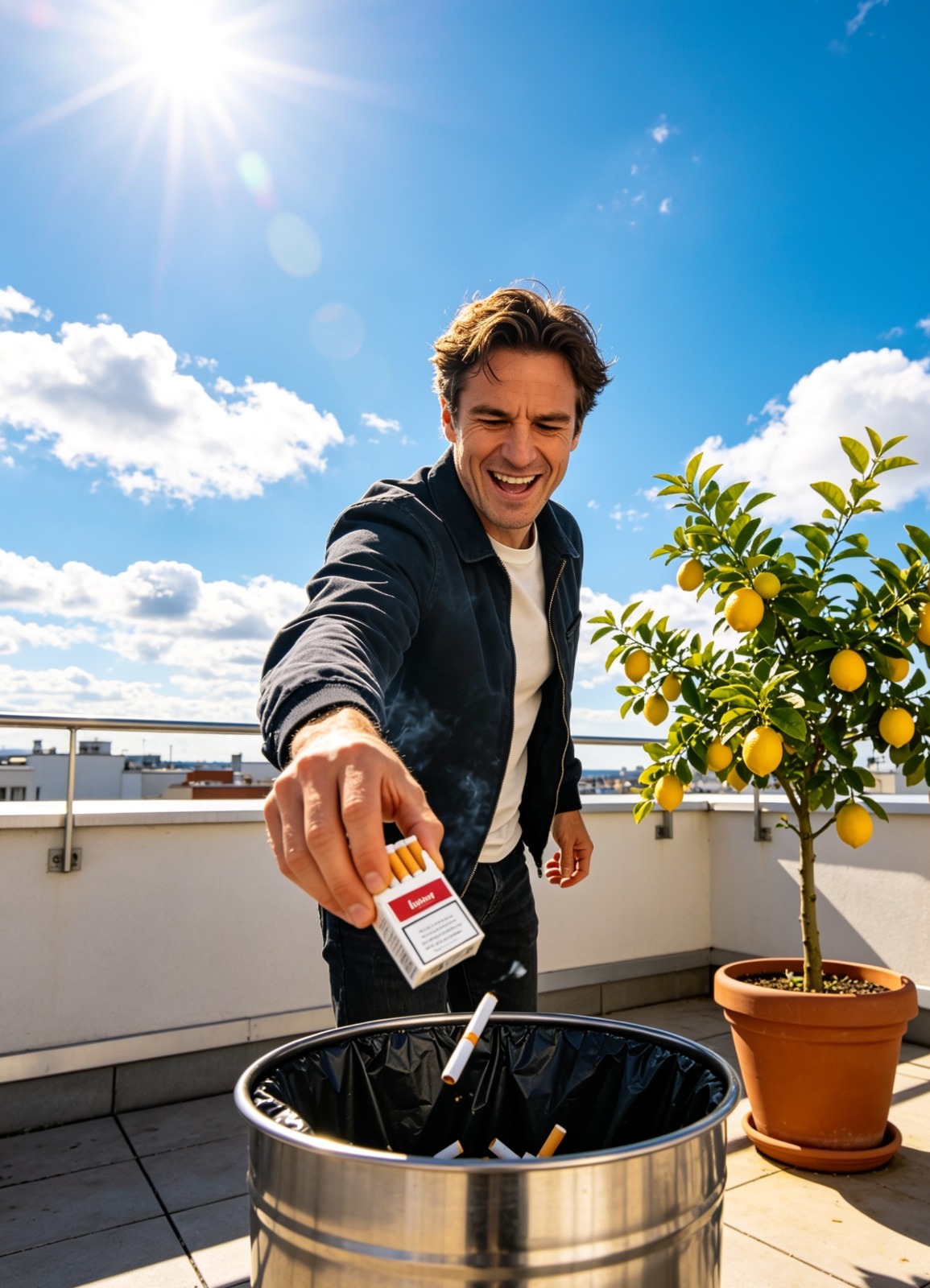 Man throwing a cigarette packet into a bin