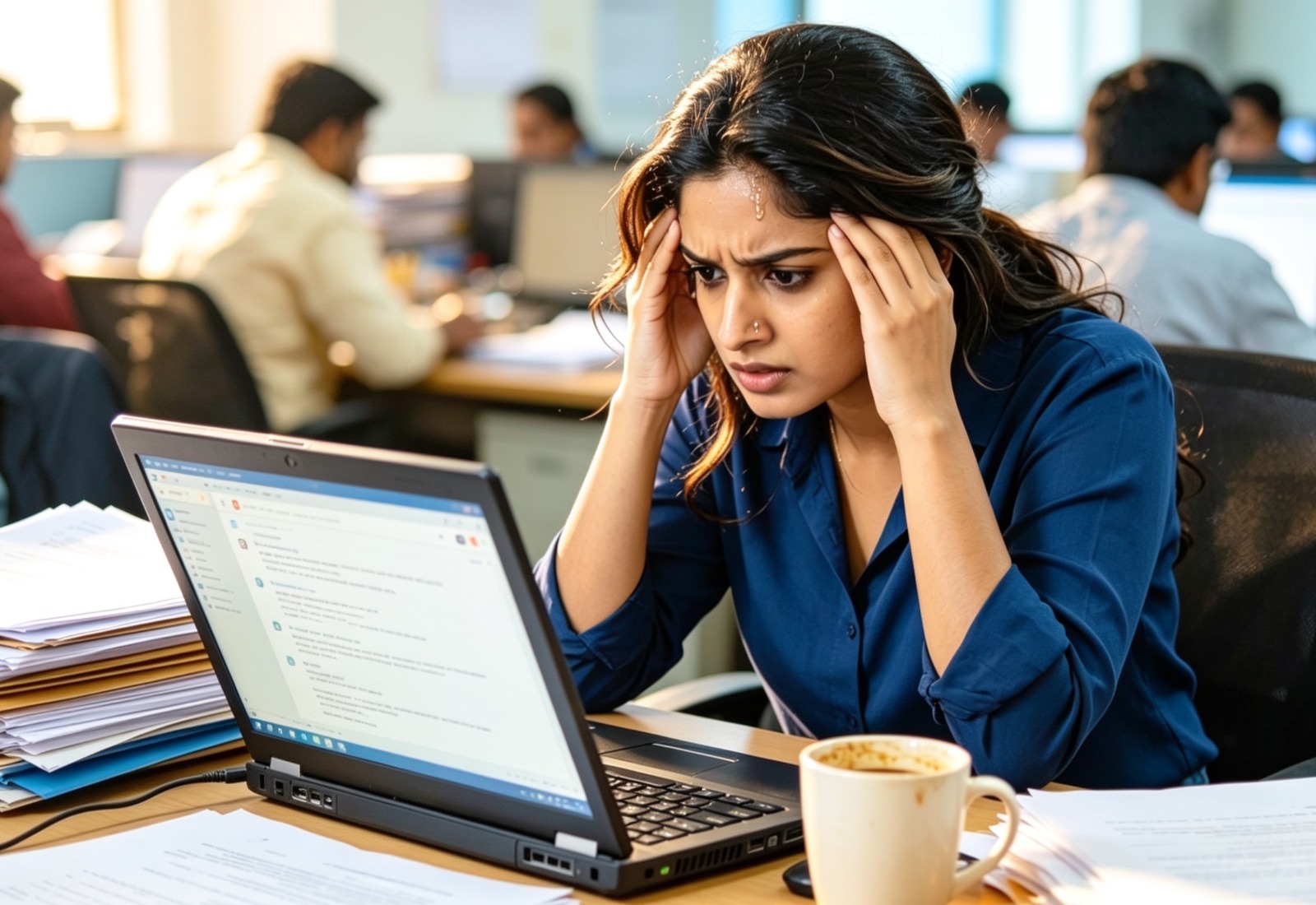 Woman in an office at a desk looking stressed