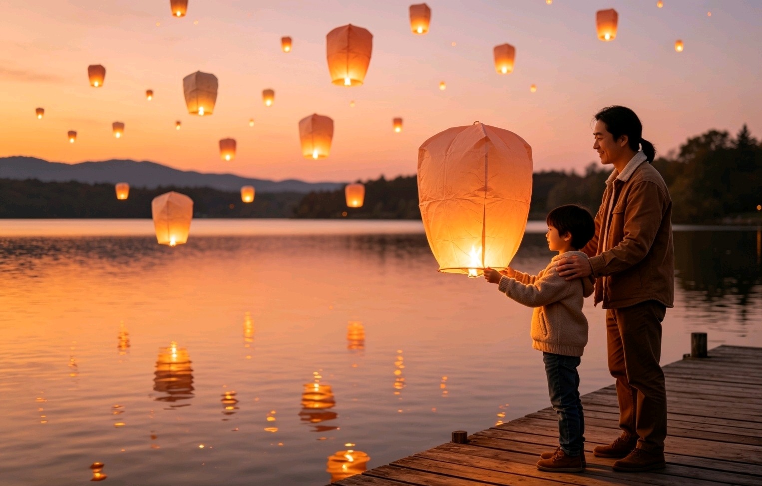 Paper lanterns being launched from a pier at dusk